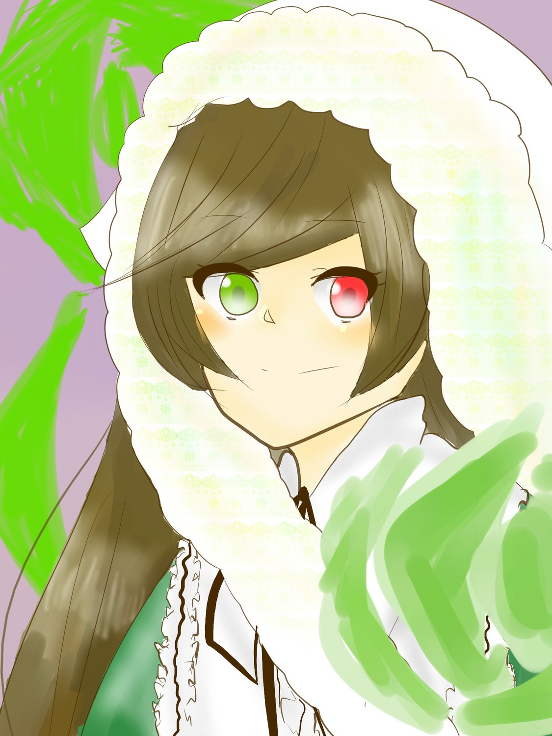 1girl bangs blush dress green_eyes hair_over_one_eye head_scarf heterochromia image long_hair looking_at_viewer red_eyes solo suiseiseki