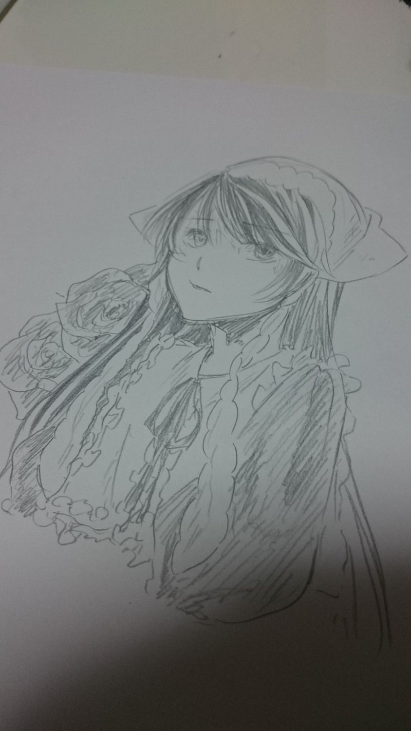 1girl bow flower frills image long_hair looking_at_viewer monochrome rose solo suiseiseki traditional_media upper_body