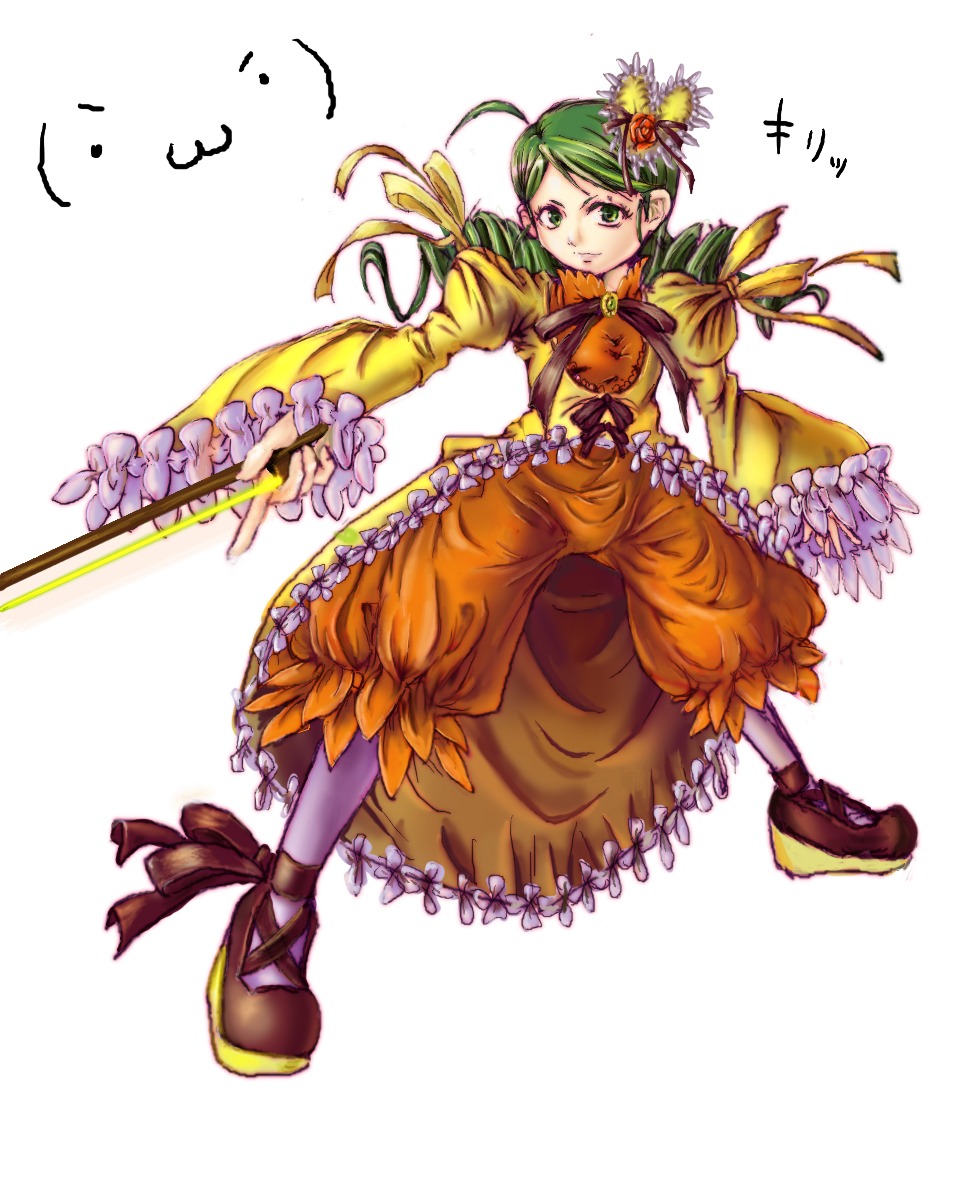 1girl ahoge brown_footwear dress flower frills full_body green_eyes green_hair hair_ornament image kanaria long_sleeves ribbon solo striped weapon