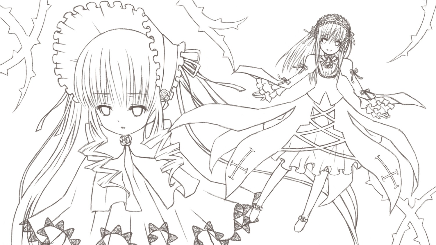 1girl bow dress flower frills full_body greyscale hairband image lolita_hairband long_hair long_sleeves looking_at_viewer monochrome pair ribbon rose shinku simple_background standing suigintou very_long_hair white_background