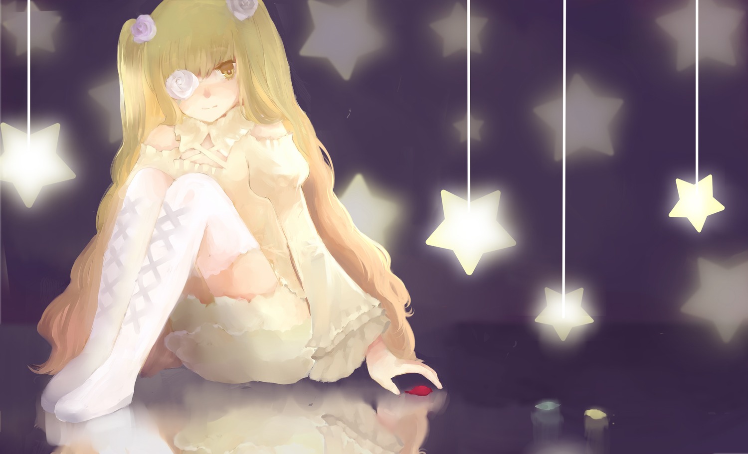 1girl blonde_hair cross dress eyepatch hair_ornament image kirakishou long_hair sitting solo star_(symbol) star_hair_ornament star_print starfish starry_background thighhighs very_long_hair yellow_eyes