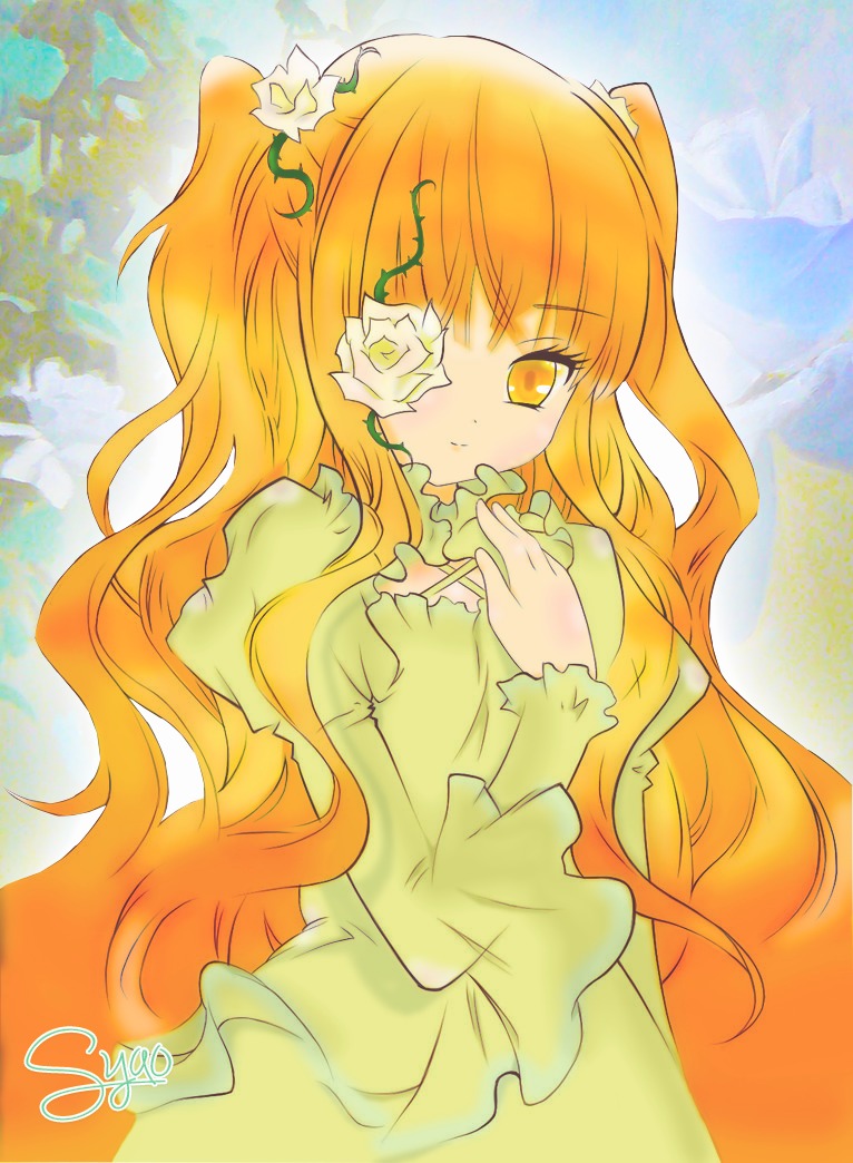 1girl blonde_hair dress eyepatch flower frills hair_flower image kirakishou long_hair long_sleeves orange_hair rose solo two_side_up yellow_dress yellow_flower yellow_rose