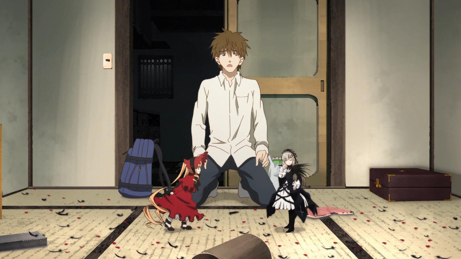 2boys bag black_hair brown_hair emiya_shirou image long_hair multiple_boys pair pants sakurada_jun shinku sitting suigintou tatami