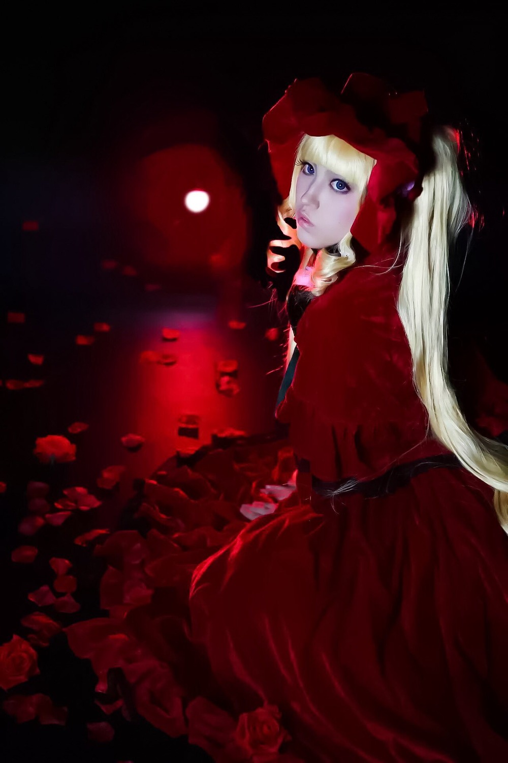 1girl blonde_hair blue_eyes bonnet dress flower full_moon lolita_fashion long_hair long_sleeves moon petals red_dress red_flower red_rose rose rose_petals shinku solo twintails