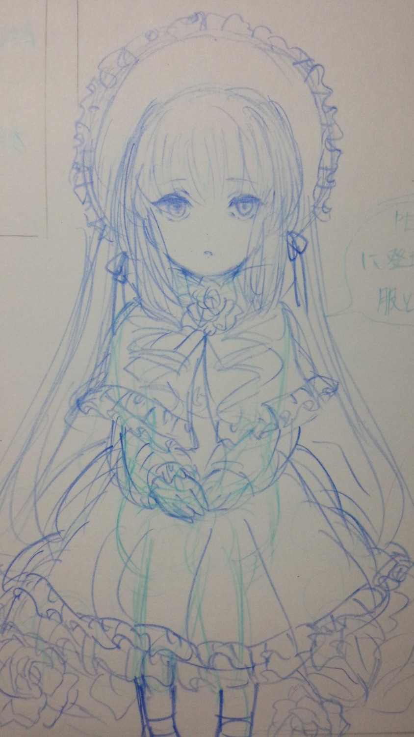 1girl bangs capelet dress eyebrows_visible_through_hair frilled_dress frills hair_between_eyes hat image long_hair long_sleeves looking_at_viewer monochrome parted_lips shinku sketch solo traditional_media very_long_hair