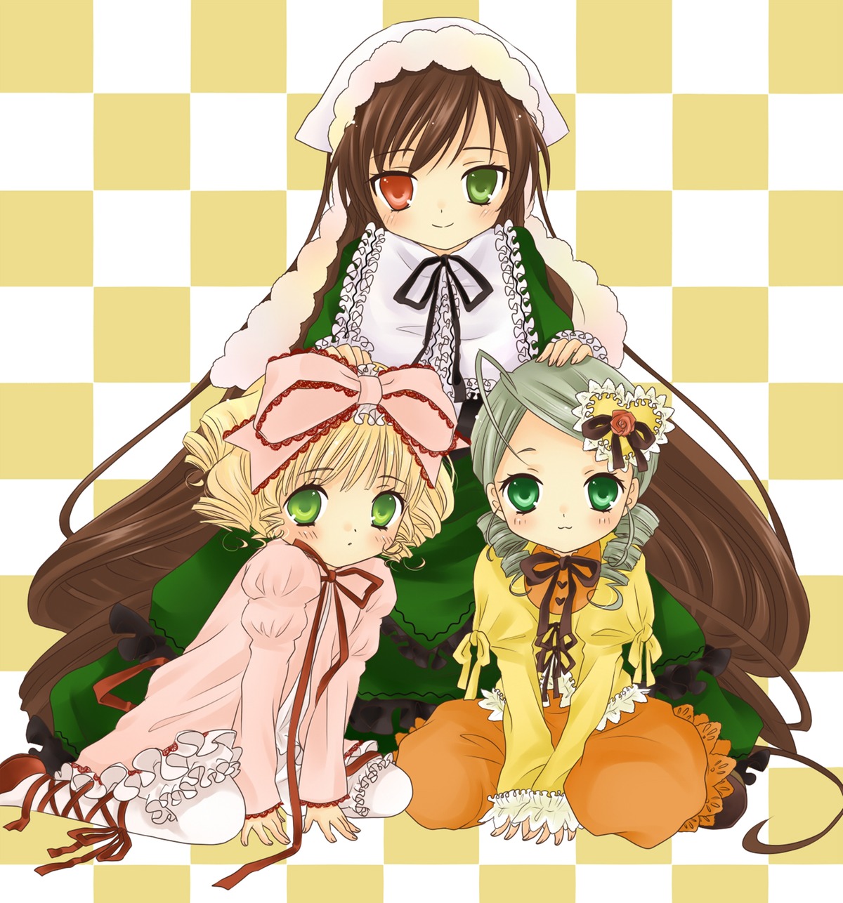 3girls argyle argyle_background argyle_legwear bad_id bad_pixiv_id black_rock_shooter_(character) blonde_hair board_game bonnet boots bow brown_hair checkerboard_cookie checkered checkered_background checkered_floor checkered_kimono checkered_neckwear checkered_scarf checkered_skirt chess_piece colorful cookie cross-laced_footwear curly_hair diamond_(shape) dress drill_hair flag floor frills green_eyes green_hair hanabana_tsubomi head_scarf heterochromia highres himekaidou_hatate hina_ichigo holding_flag image kanaria knight_(chess) long_hair long_sleeves mirror multiple multiple_girls on_floor perspective pink_bow plaid_background race_queen red_eyes reflection reflective_floor ribbon rozen_maiden shide short_hair sitting suiseiseki tagme thighhighs tile_floor tile_wall tiles twin_drills vanishing_point very_long_hair yagasuri yellow_eyes