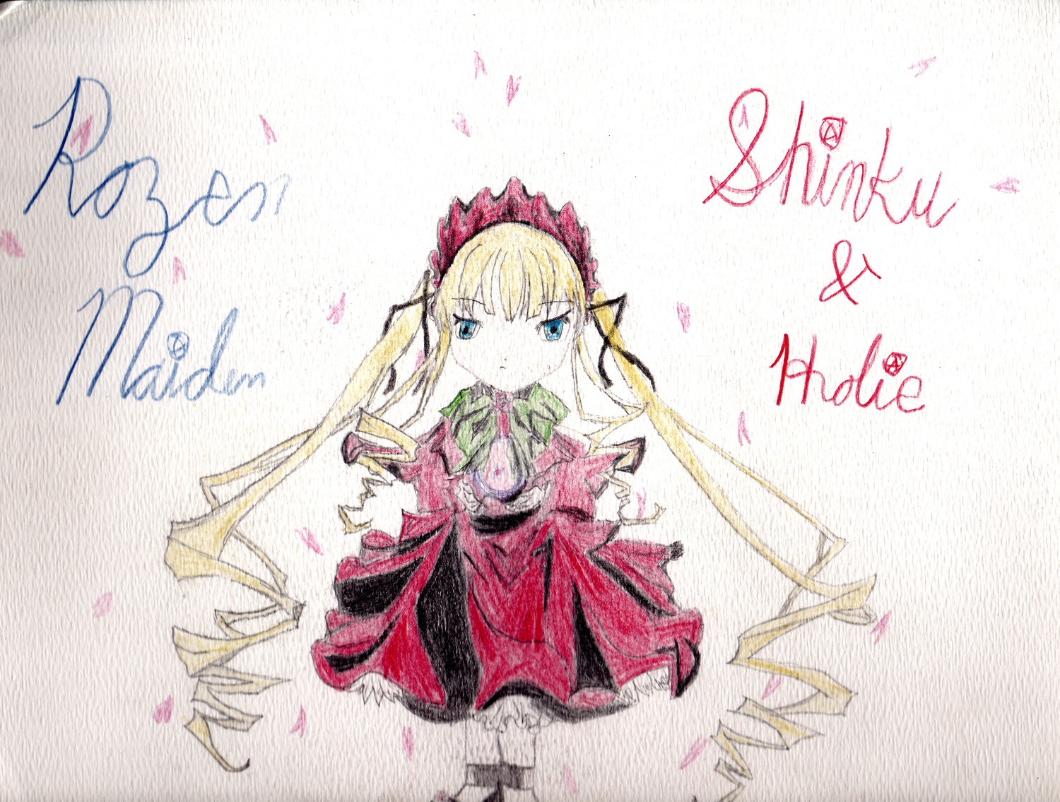 1girl blonde_hair blue_eyes blush bonnet bowtie dress drill_hair image long_hair long_sleeves looking_at_viewer petals red_dress shinku solo traditional_media