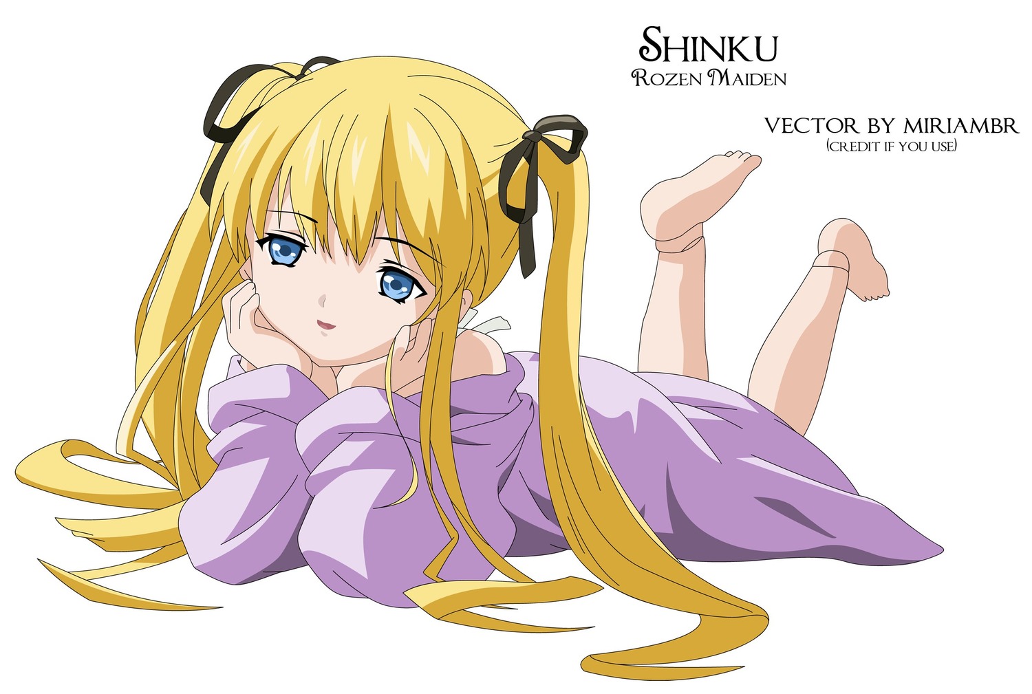 1girl bare_shoulders barefoot blonde_hair blue_eyes dress hair_ribbon image long_hair lying on_stomach ribbon shinku solo striped twintails very_long_hair