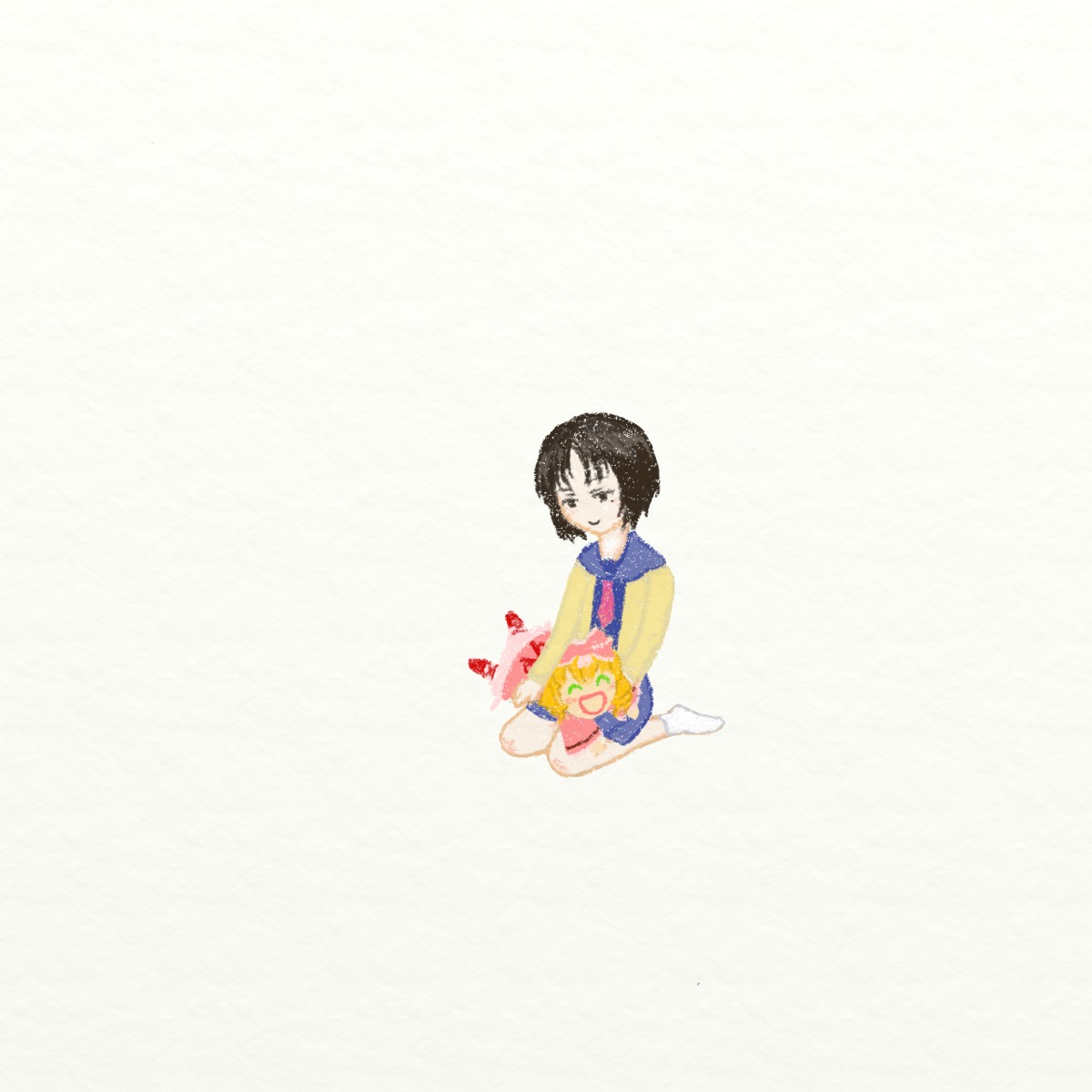 black_hair closed_eyes food frisk_(undertale) human short_hair sitting smile striped