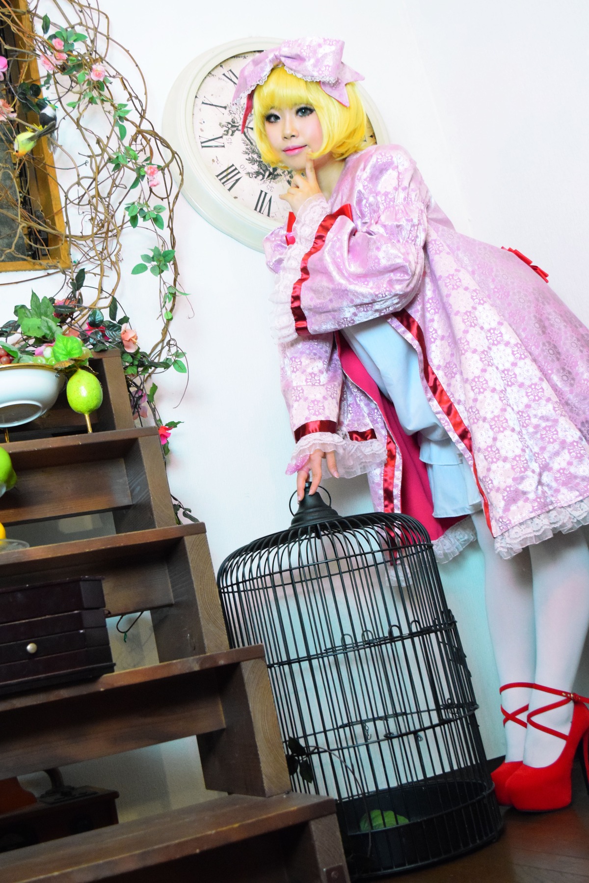 1girl bicycle birdcage blonde_hair cage dress flower frills high_heels hinaichigo lips potted_plant short_hair solo veil