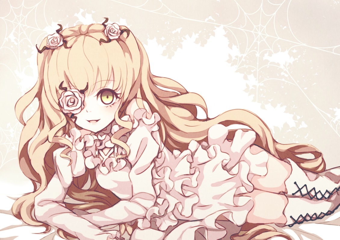 1girl blonde_hair boots cross-laced_footwear dress eyepatch flower frills hair_flower hair_ornament image kirakishou long_hair lying pink_rose rose solo thorns very_long_hair white_flower white_footwear white_rose yellow_eyes