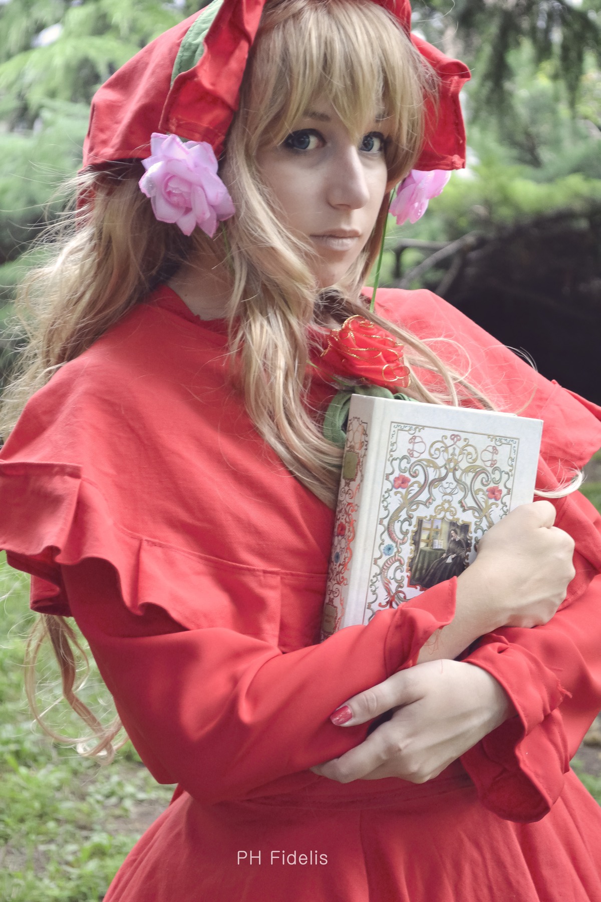 1girl blonde_hair blue_eyes day dress flower hair_ornament lips long_hair looking_at_viewer nature outdoors realistic red_dress shinku smile solo tree upper_body watermark