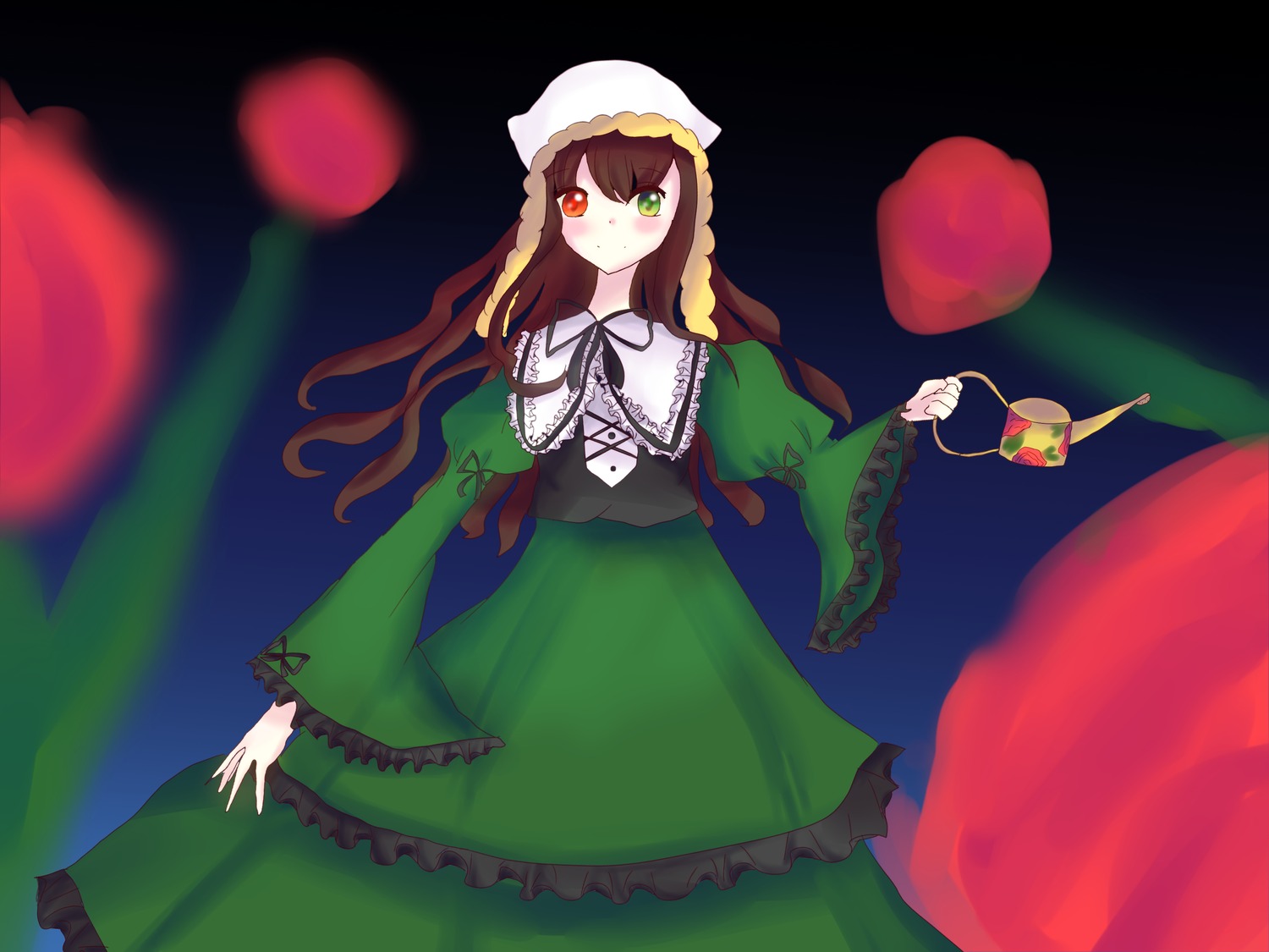 1girl balloon blush brown_hair dress frills green_dress green_eyes heterochromia image long_hair long_sleeves looking_at_viewer red_eyes solo suiseiseki