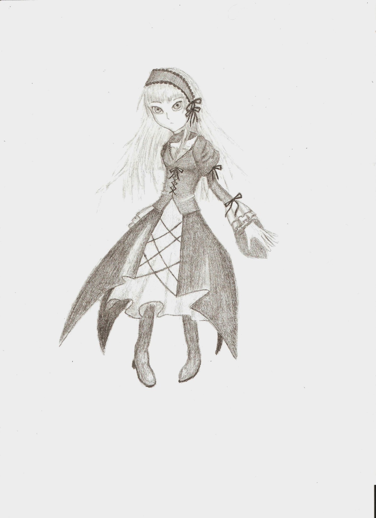 1girl auto_tagged bangs boots closed_mouth dress full_body grey_background greyscale hairband image long_hair long_sleeves looking_at_viewer monochrome solo standing suigintou traditional_media
