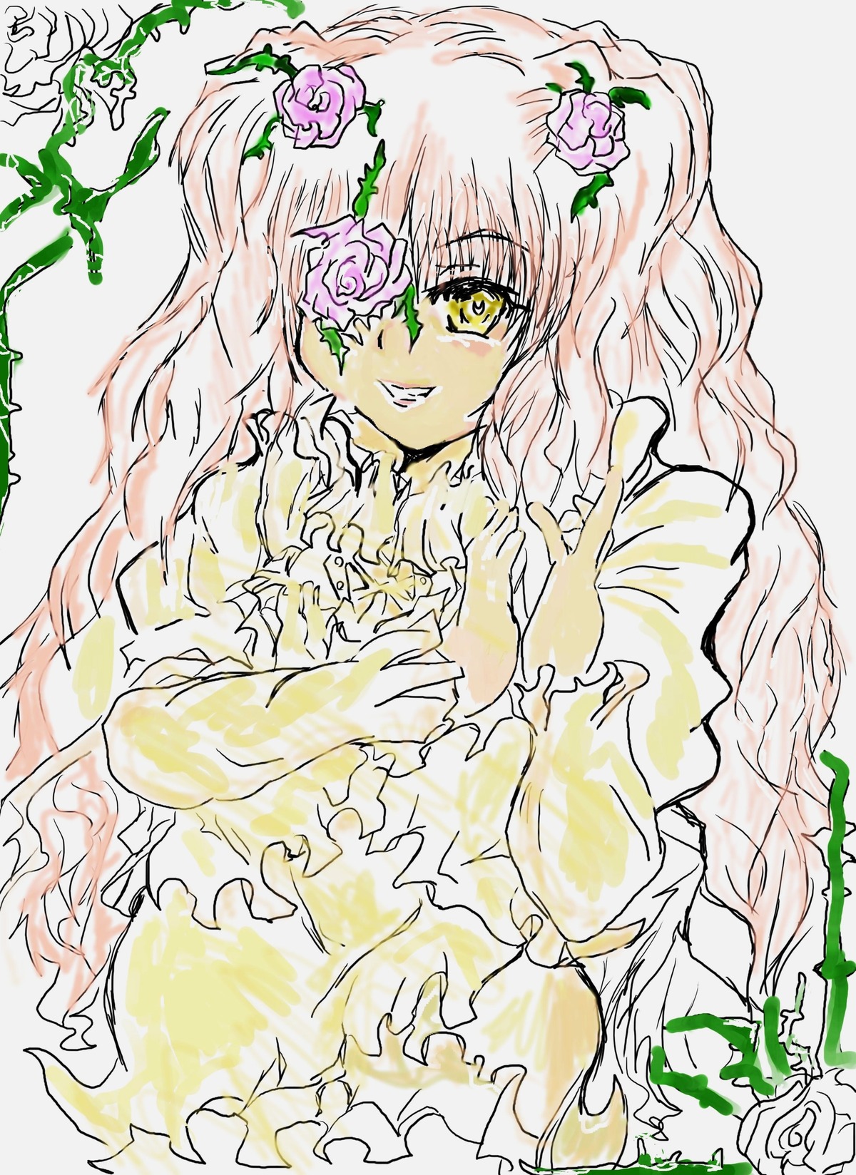 1girl dress eyepatch flower frills hair_flower hair_ornament image kirakishou long_hair long_sleeves pink_hair plant rose smile solo thorns vines white_rose yellow_eyes