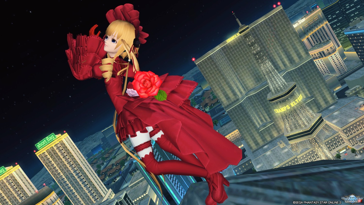 1girl blonde_hair blue_eyes building city cityscape dress flower frills high_heels image long_sleeves nero_claudius_(fate) night night_sky red_dress rose shinku sky skyscraper solo star_(sky) starry_sky thighhighs watermark web_address