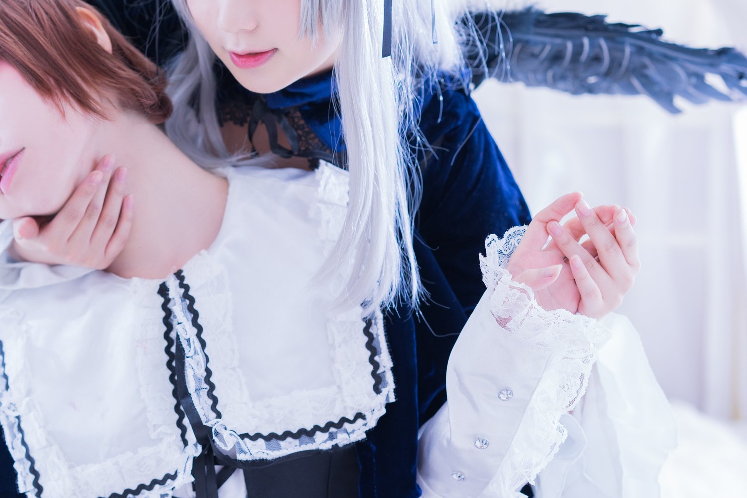2girls blurry blurry_background blurry_foreground closed_mouth depth_of_field dress head_out_of_frame lips long_hair long_sleeves multiple_cosplay multiple_girls red_lips sisters striped tagme upper_body