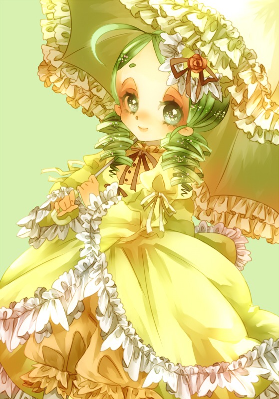 1girl blush dress drill_hair flower frilled_dress frills green_eyes green_hair hair_ornament holding_umbrella image kanaria lolita_fashion long_sleeves parasol personification rose smile solo too_many umbrella wide_sleeves yellow_dress