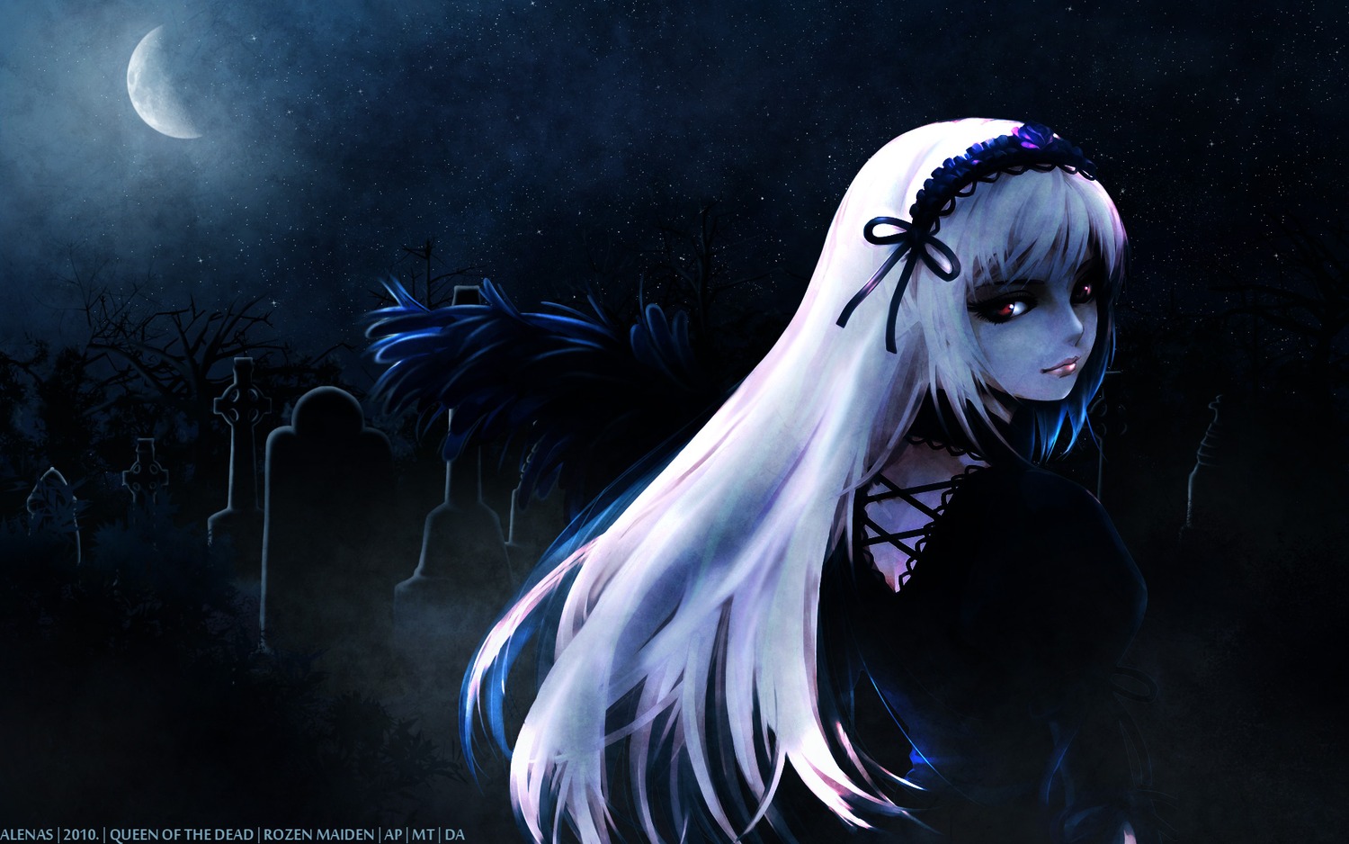 1girl crescent_moon hairband image long_hair looking_at_viewer moon night night_sky red_eyes sky smile solo star_(sky) starry_sky suigintou very_long_hair wings