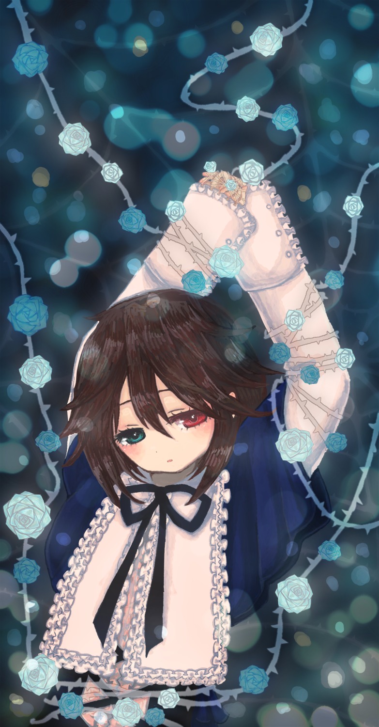 1girl black_flower black_rose blue_flower blue_rose flower heterochromia image lying purple_rose red_eyes ribbon rose short_hair solo souseiseki thorns vines white_flower white_rose yellow_rose