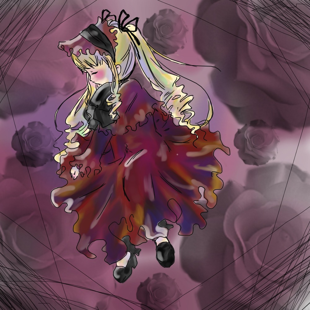 1girl blonde_hair blush bonnet closed_eyes cloud dress flower frills image long_hair long_sleeves pink_rose red_dress rose shinku sky solo suigintou twintails very_long_hair