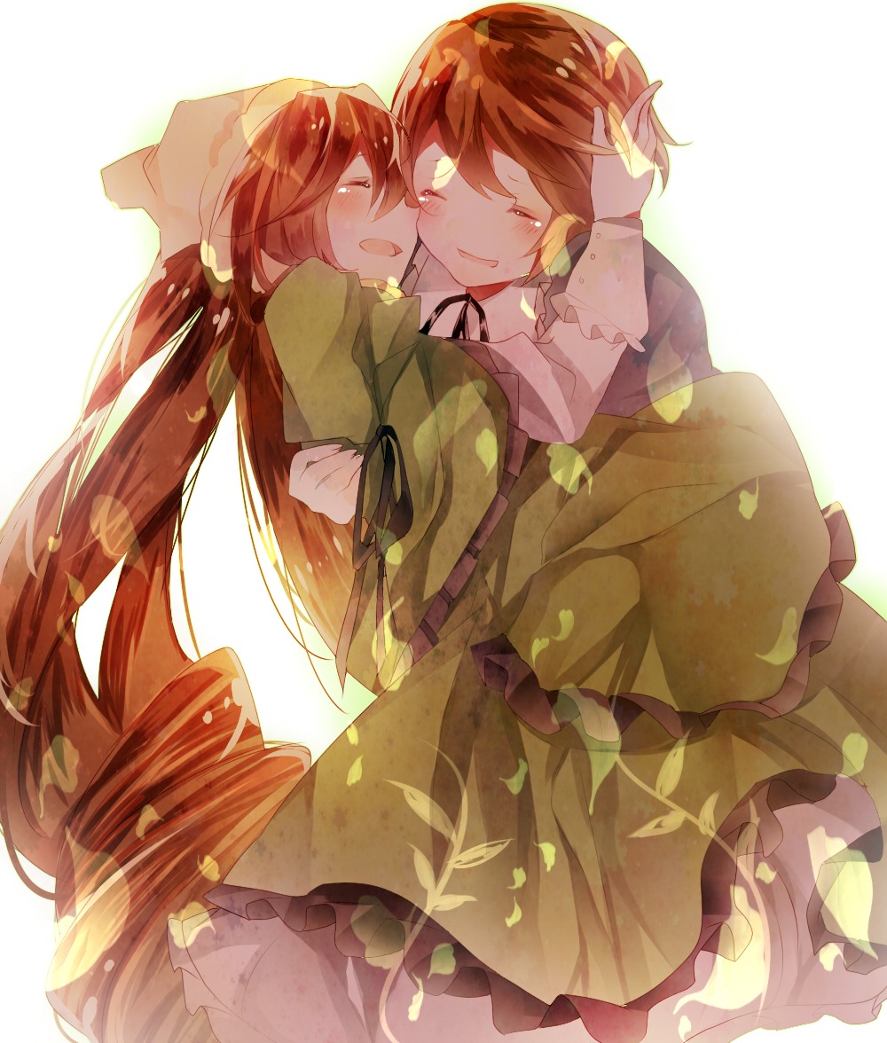 2girls blush brown_hair closed_eyes curly_hair dress flower headdress hug image long_hair multiple_girls open_mouth pair petals ribbon rozen_maiden short_hair siblings sisters smile souseiseki suiseiseki tears tsukioka_tsukiho twins very_long_hair