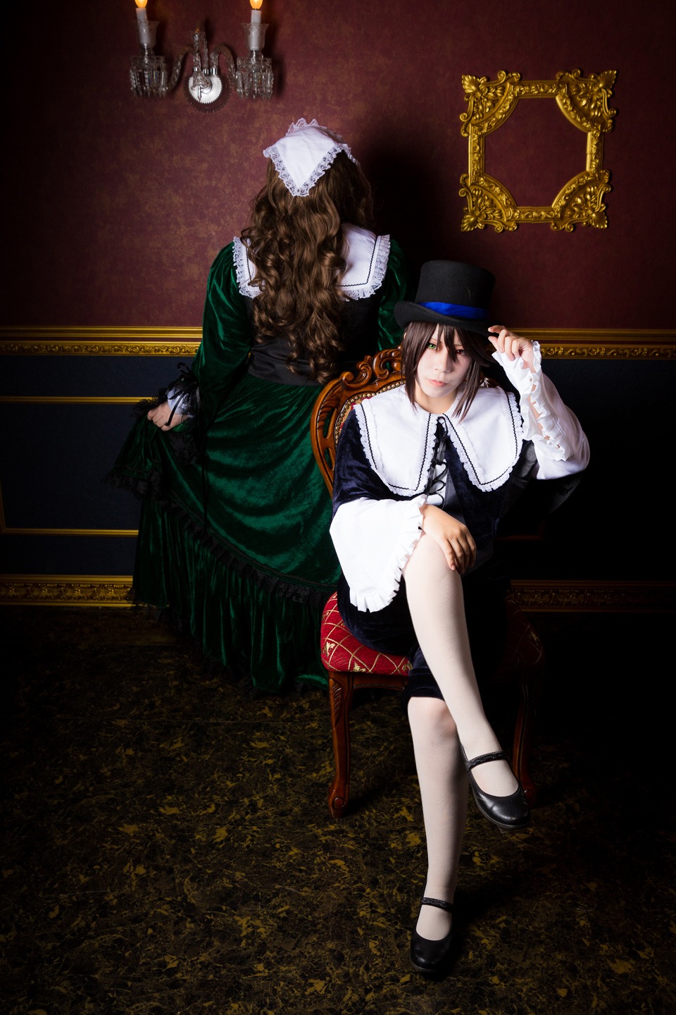 2boys brown_hair facial_hair hat multiple_boys realistic shoes sitting solo souseiseki