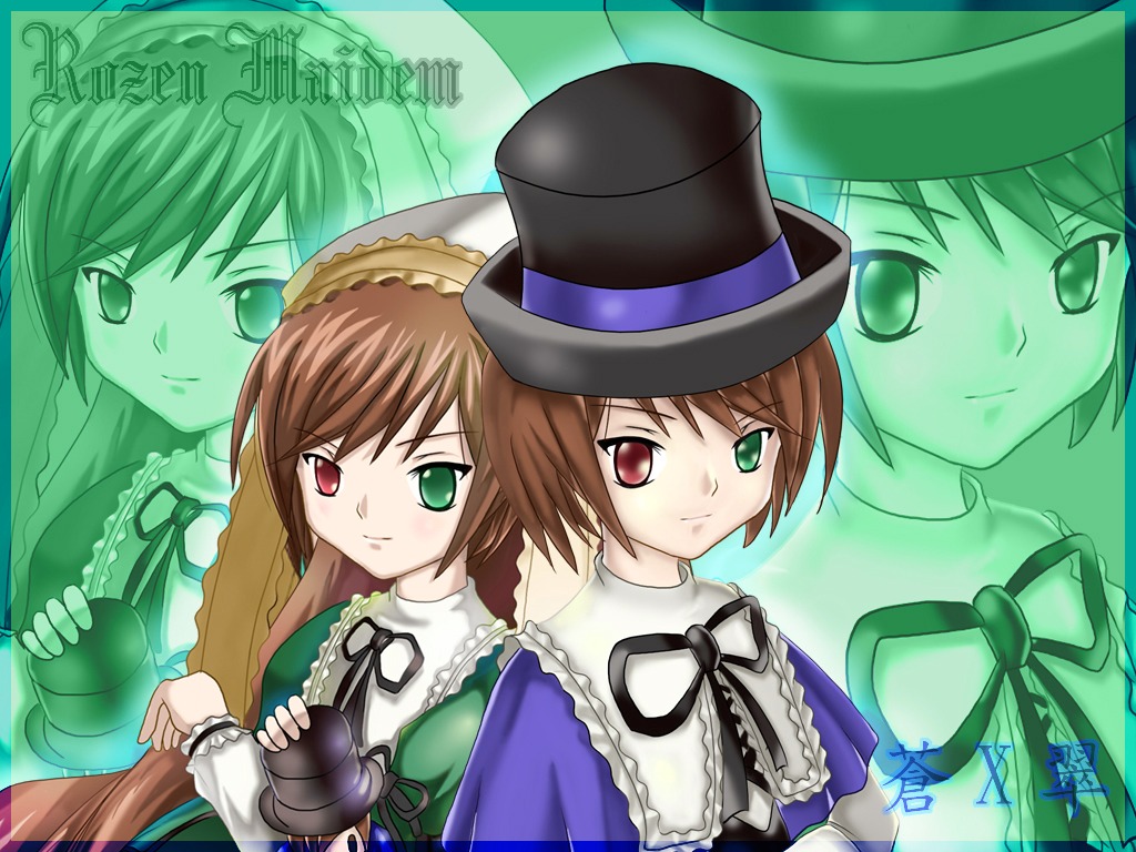 brown_hair copyright_name dress green_eyes hat heterochromia holding image long_hair long_sleeves looking_at_viewer multiple_girls pair red_eyes short_hair siblings sisters smile souseiseki suiseiseki top_hat twins zoom_layer