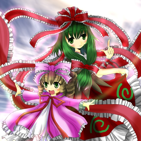 2girls bow dress frills front_ponytail green_eyes green_hair hair_bow hair_ribbon hinaichigo image kagiyama_hina long_hair multiple_girls open_mouth ribbon short_hair smile solo