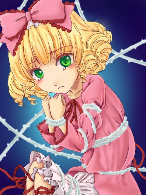 1girl bdsm blonde_hair blue_background bondage bound bow crying crying_with_eyes_open dress drill_hair frills green_eyes hair_bow hina_ichigo hinaichigo image joints long_sleeves pink_bow pink_dress ribbon sad short_hair solo tears