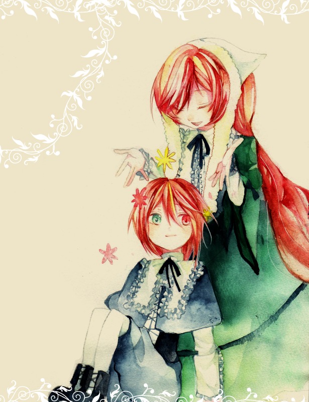 2girls closed_eyes dress frills green_eyes head_scarf heterochromia image long_hair long_sleeves multiple_girls pair red_eyes short_hair siblings sisters smile souseiseki suiseiseki twins very_long_hair