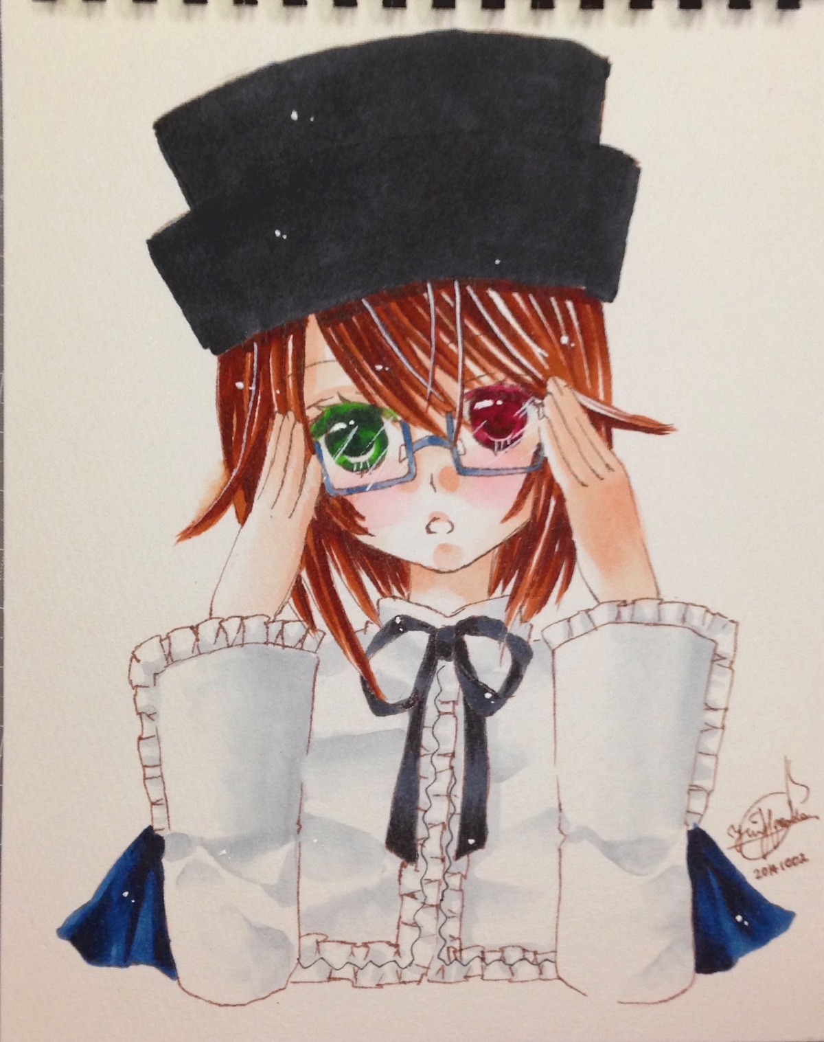 1girl adjusting_eyewear bangs brown_hair eyebrows_visible_through_hair glasses green_eyes hat heterochromia image long_sleeves looking_at_viewer parted_lips red_eyes short_hair signature simple_background solo souseiseki upper_body
