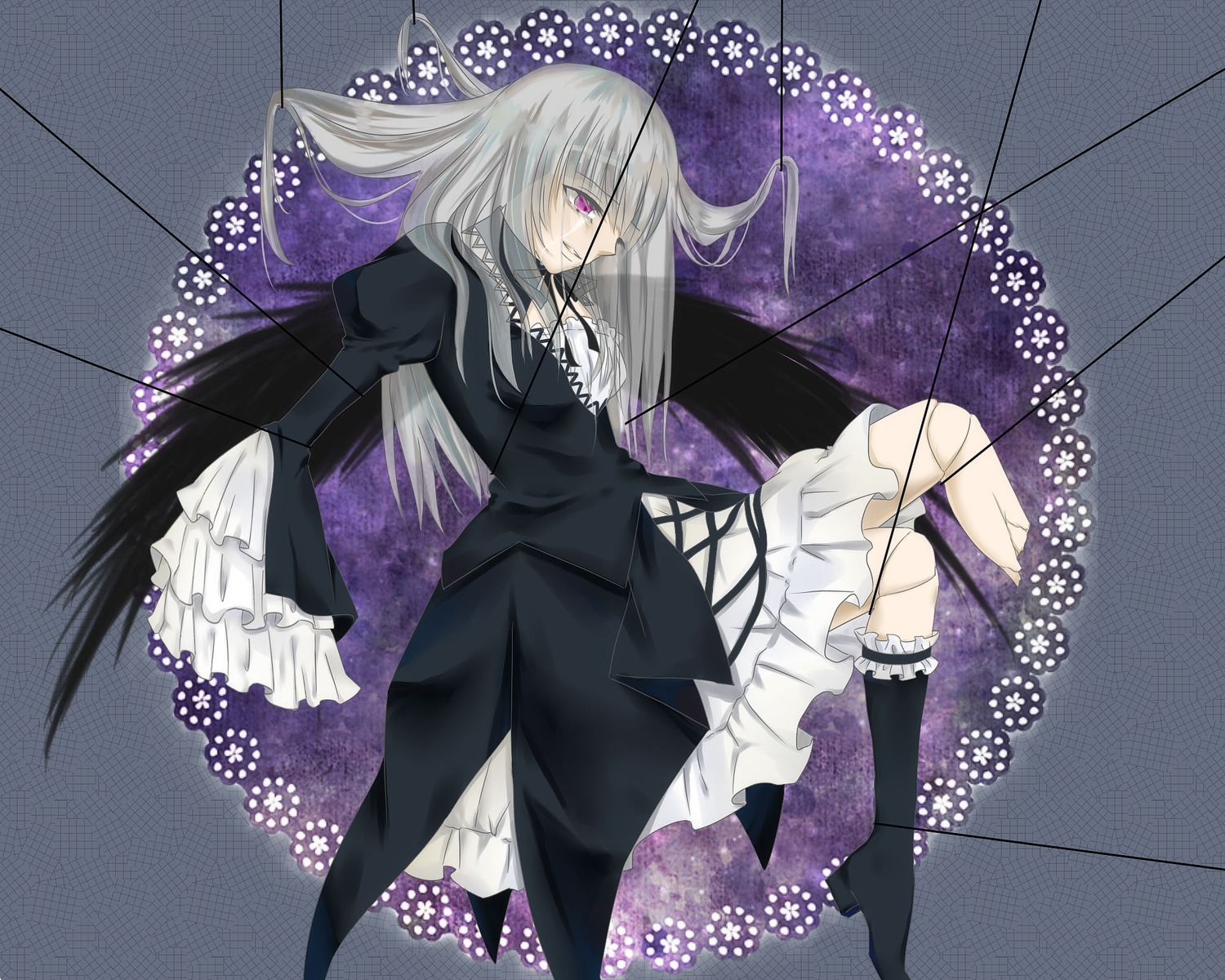 dress frilled_sleeves frills hair_over_one_eye image kneehighs lolita_fashion long_hair long_sleeves purple_eyes silver_hair solo suigintou umbrella wings