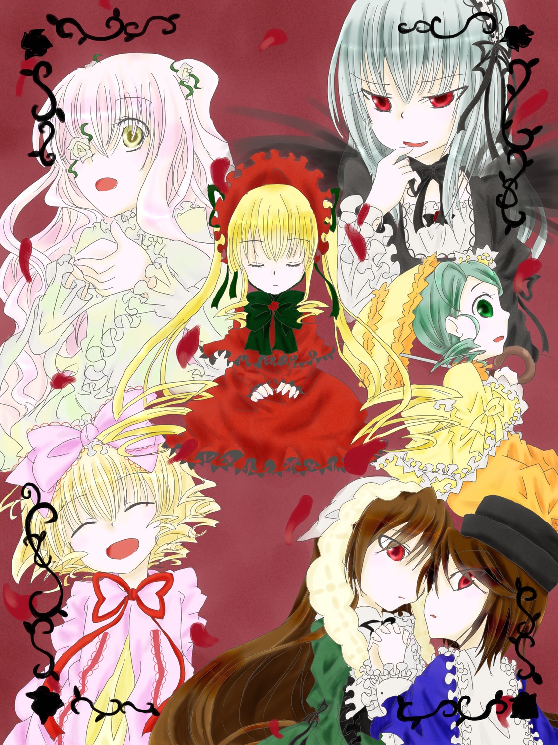 6+girls blonde_hair bow brown_hair closed_eyes dress drill_hair frills green_hair hina_ichigo image kanaria long_hair looking_at_viewer multiple multiple_girls open_mouth pink_bow pink_hair red_eyes shinku short_hair silver_hair souseiseki suigintou suiseiseki tagme twintails