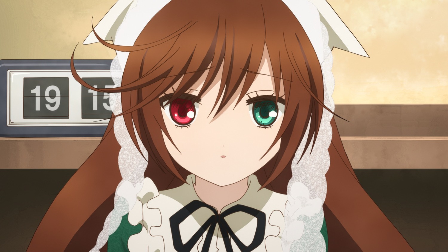 1girl black_ribbon brown_hair dress green_eyes heterochromia image long_hair long_sleeves looking_at_viewer neck_ribbon red_eyes ribbon solo suiseiseki