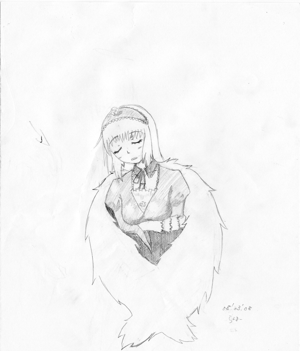 1girl bangs closed_eyes dress hairband image long_hair long_sleeves monochrome musical_note ribbon solo striped suigintou