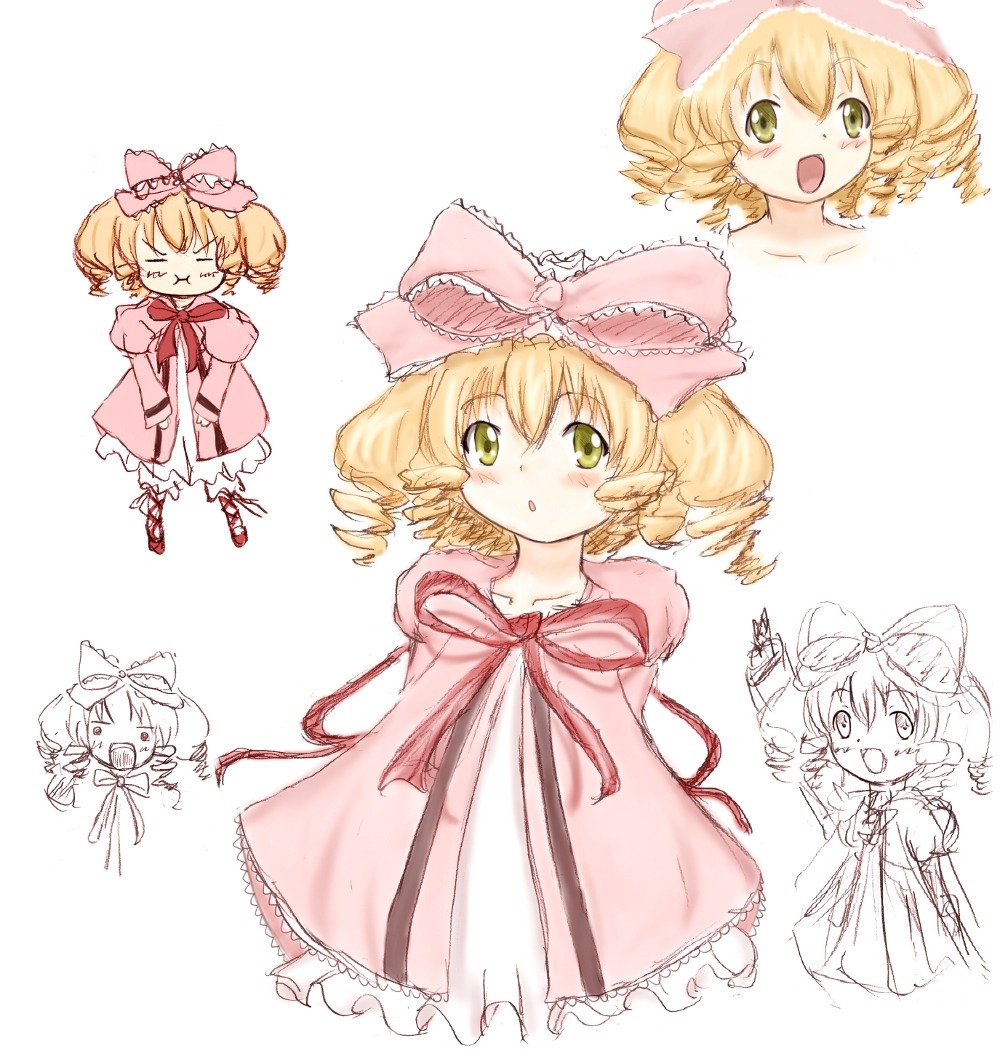 1girl >_< airenkyui bad_anatomy bad_id bad_pixiv_id blonde_hair blush bow character_sheet closed_eyes dress drill_hair expressions frills green_eyes hina_ichigo hinaichigo image multiple_views open_mouth pink_bow rozen_maiden short_hair sketch smile solo tears