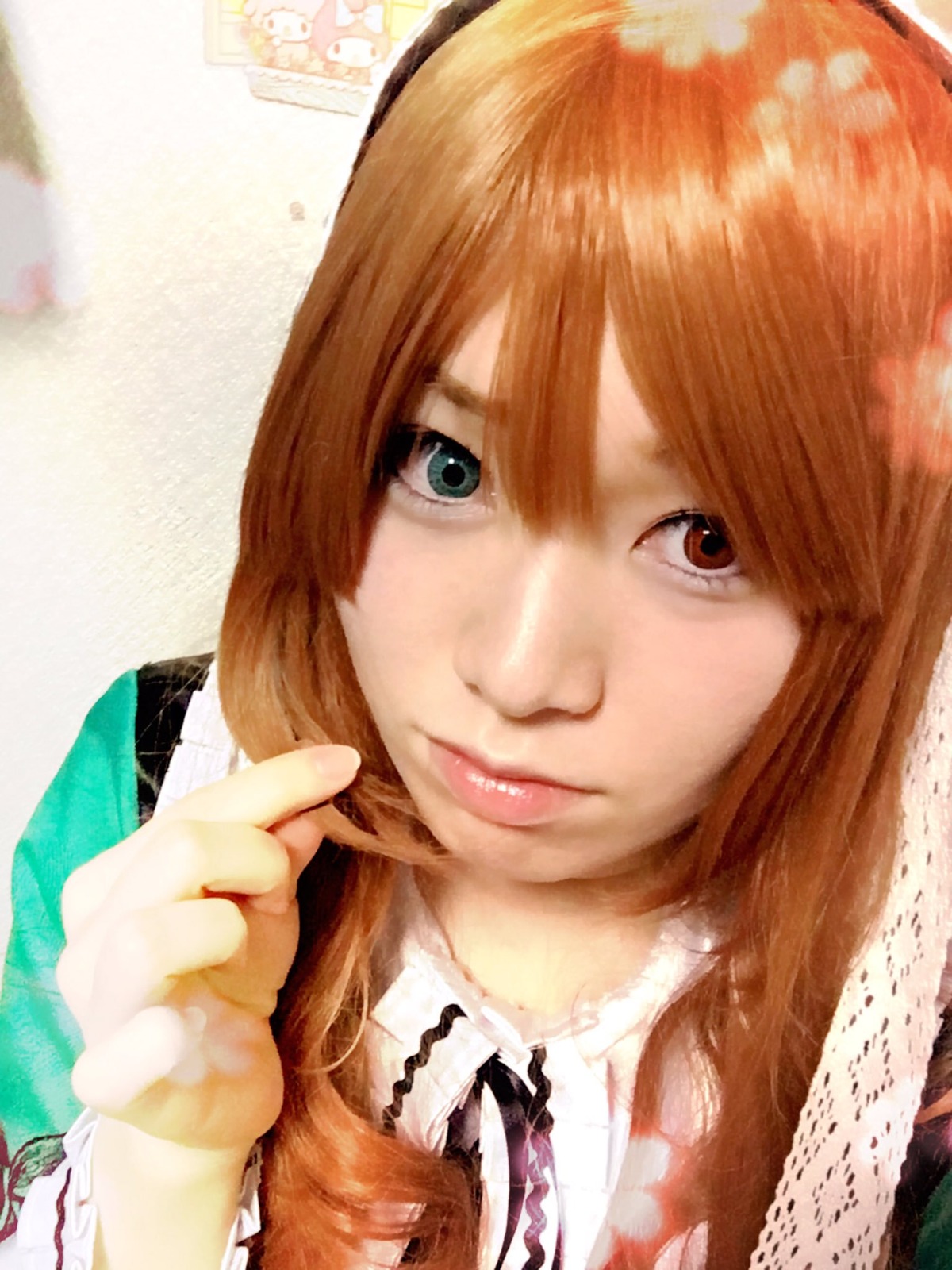 1girl brown_hair closed_mouth collared_shirt face green_eyes index_finger_raised lips looking_at_viewer pointing realistic shirt smile solo suiseiseki white_shirt