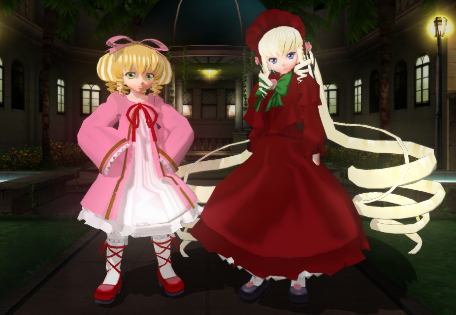 2girls blonde_hair blue_eyes bow capelet dress drill_hair green_eyes hat hina_ichigo hinaichigo image long_hair long_sleeves looking_at_viewer multiple_girls pair pink_bow pink_dress ribbon shinku shoes short_hair standing twin_drills twins very_long_hair