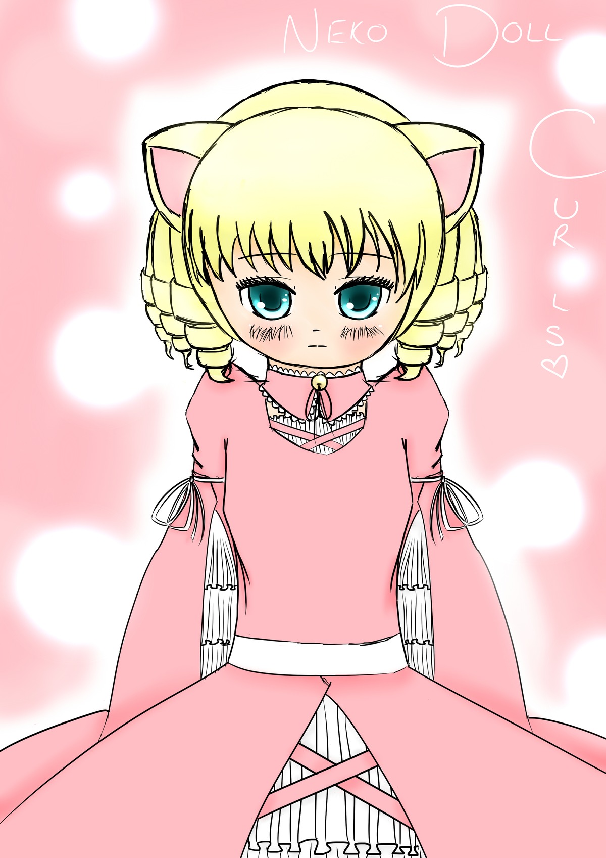1girl animal_ears blonde_hair blue_eyes blush cat_ears character_name dress drill_hair hinaichigo image looking_at_viewer short_hair solo