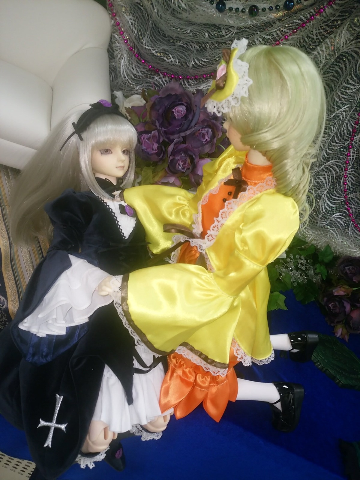 blonde_hair doll dress flower frills long_hair long_sleeves multiple_dolls multiple_girls ribbon rose sitting suigintou tagme