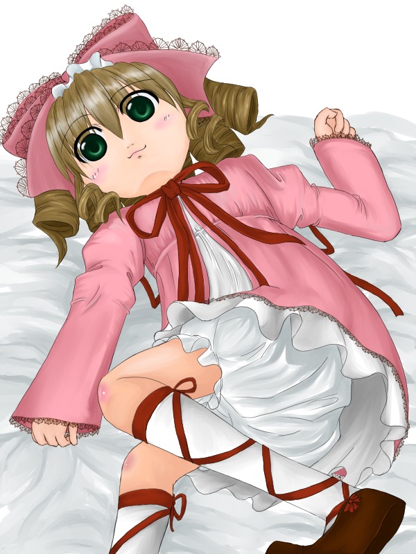 1girl blonde_hair bloomers blush bow dress drill_hair frills green_eyes hina_ichigo hinaichigo image kneehighs long_sleeves looking_at_viewer lying on_back pink_bow ribbon solo underwear white_bloomers white_legwear