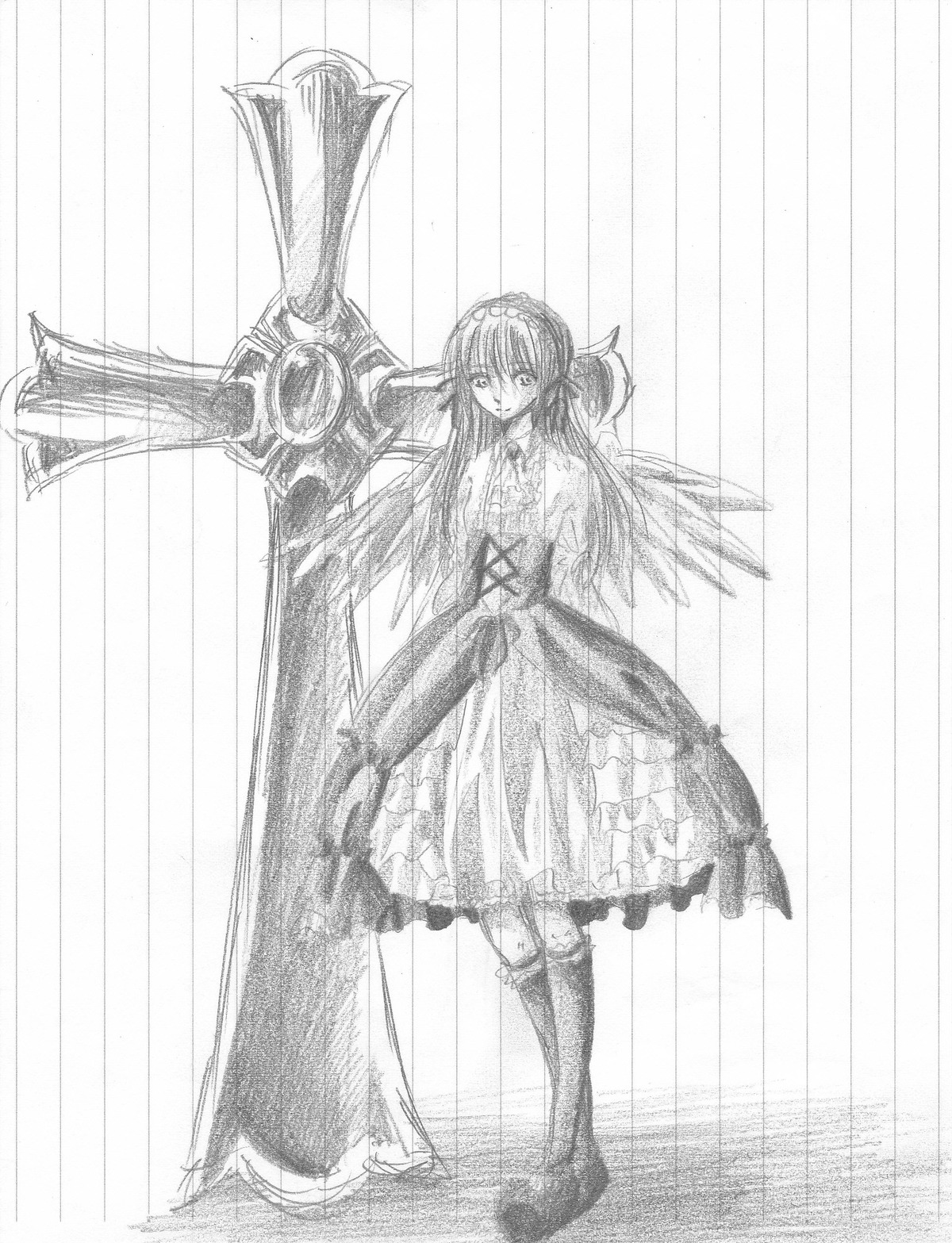 1girl dress full_body greyscale hairband image long_hair looking_at_viewer monochrome solo standing suigintou weapon