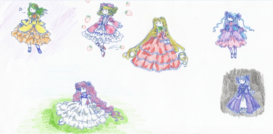 5girls blonde_hair blue_dress blue_eyes blue_hair boots bow brown_hair choker double_bun dress elbow_gloves flower frills gloves green_eyes green_hair hair_ornament hair_ribbon hat image long_hair multiple multiple_girls pink_bow pink_dress pink_hair purple_eyes purple_hair red_eyes red_hair ribbon rose shoes short_hair smile tagme twintails very_long_hair yellow_bow