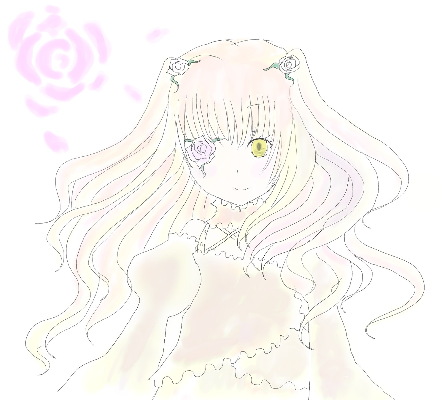 1girl blonde_hair blush dress eyepatch flower hair_flower image kirakishou long_hair long_sleeves pink_flower pink_rose rose simple_background smile solo striped upper_body vertical_stripes white_rose yellow_eyes