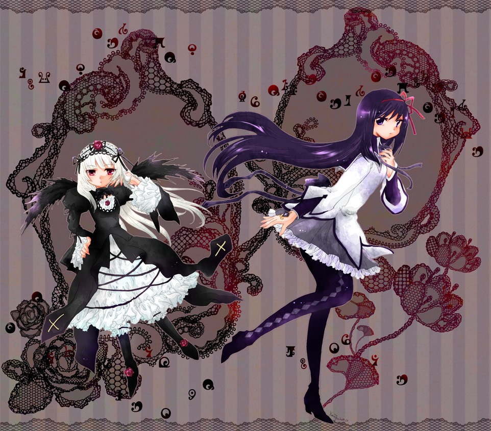 2girls akemi_homura black_hair dress flower frills hair_ribbon hairband high_heels image long_hair multiple_girls pantyhose purple_eyes ribbon rose solo suigintou symmetry wings