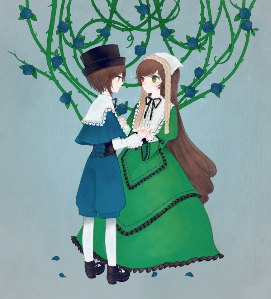 2girls blue_dress brown_hair dress flower frills green_dress green_eyes hat heterochromia holding_hands image long_hair multiple_girls pair pantyhose rose short_hair siblings sisters souseiseki suiseiseki top_hat twins very_long_hair white_legwear