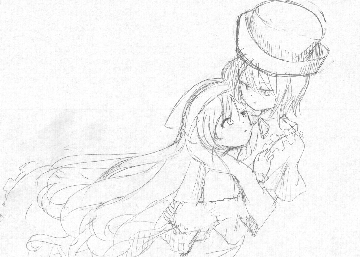 2girls greyscale hat hug image long_hair monochrome multiple_girls pair short_hair souseiseki suiseiseki yuri