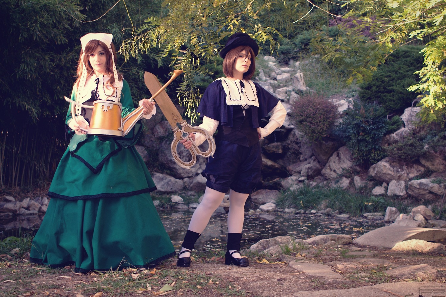 brown_hair dress grass holding long_hair multiple_cosplay multiple_girls nature outdoors plant sandals standing tagme tree