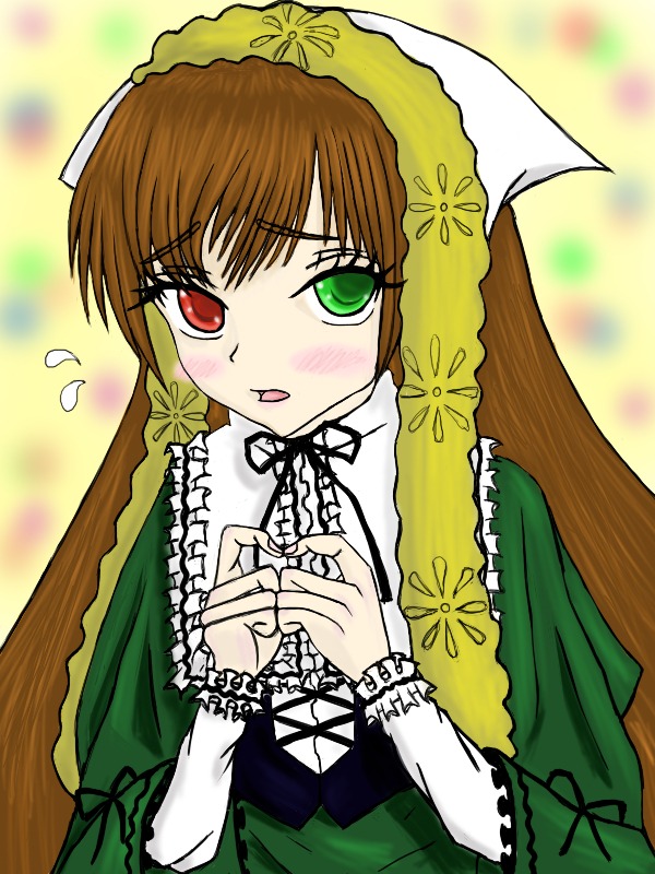 1girl blush brown_hair dress flying_sweatdrops frills green_dress green_eyes heart heterochromia image long_hair long_sleeves looking_at_viewer red_eyes solo suiseiseki very_long_hair